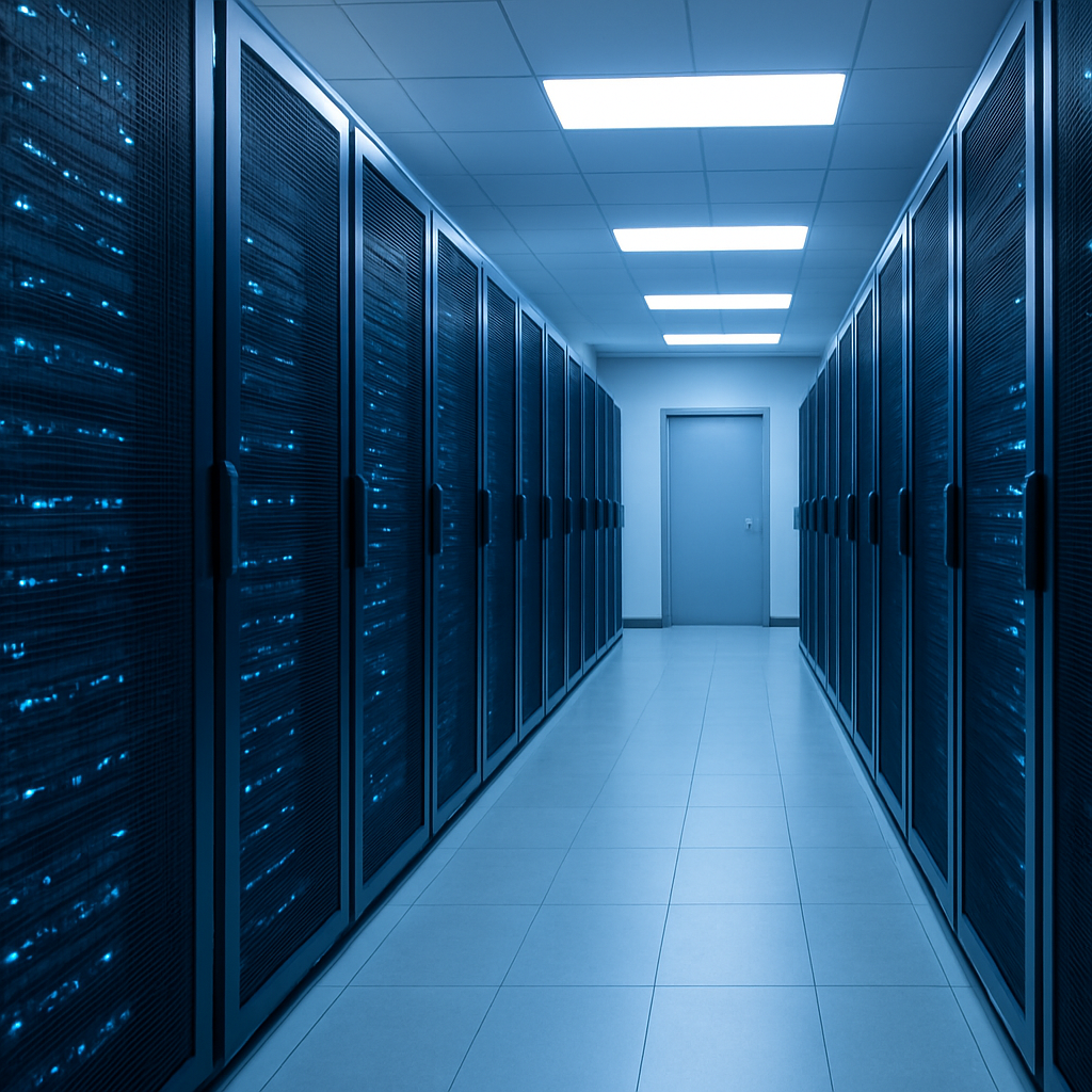Modernes deutsches Rechenzentrum von netcup mit Serverschränken in blauem Licht