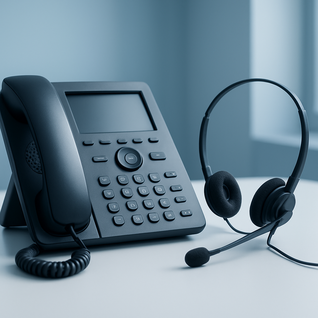 Professionelle VoIP-Telefonie-Lösung von Sipcall mit IP-Telefon auf einem Bürotisch